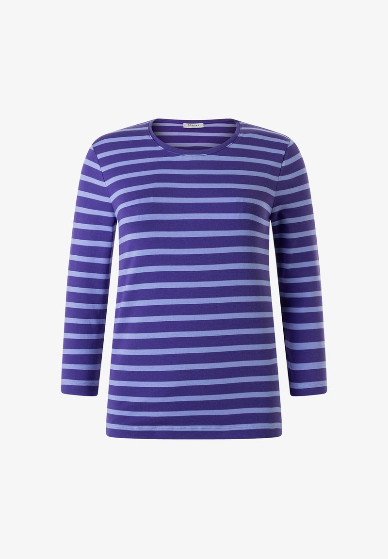 Lila und lavendelfarben gestreiftes Langarmshirt mit rundem Ausschnitt, präsentiert vor einfarbig weißem Hintergrund.