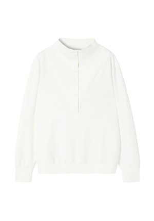 Witte pullover met een hoge kraag, knoopsluiting op de rug en lange mouwen. Glad textuur en een relaxed fit met een subtiele naaddetail.