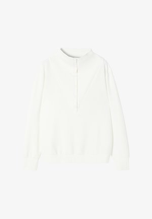 Balts pulovers ar augstu apkakli, pogu aizdari aizmugurē un garām piedurknēm. Gluda tekstūra un brīvs piegriezums ar nemanāmu vīļu detaļu.