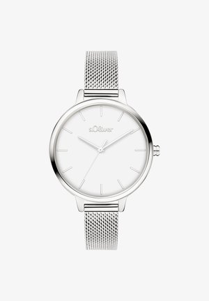 Zilveren s.Oliver horloge met een ronde, witte wijzerplaat, minimalistische markeringen en een metalen mesh armband. Kenmerkt zich door een eenvoudig ontwerp zonder cijfers.