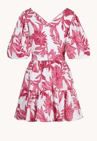 White dress with pink floral print, puffed short sleeves, V-neckline, fitted waist, and tiered ruffled skirt.