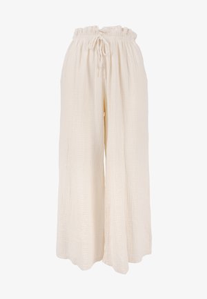 Weite, cremefarbene Hosen aus einem strukturierten, zerknitterten Stoff. Mit einem elastischen Bund und einem Kordelzug für eine anpassbare Passform.