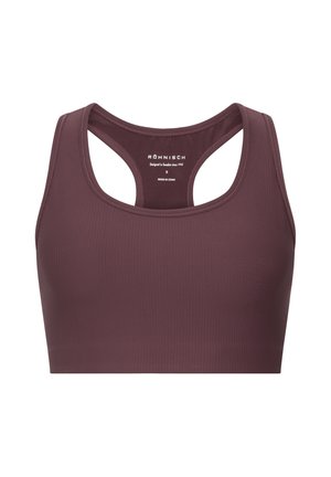 Liliowy stanik sportowy o prążkowanej fakturze, z okrągłym dekoltem, z tyłu w stylu racerback oraz subtelnym logo wewnątrz.