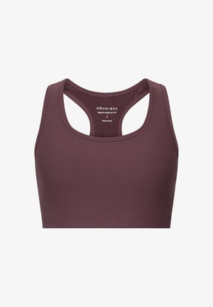 Liliowy stanik sportowy o prążkowanej fakturze, z okrągłym dekoltem, z tyłu w stylu racerback oraz subtelnym logo wewnątrz.