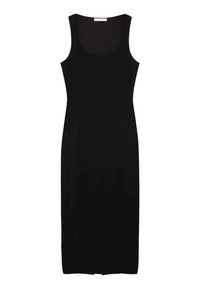 Robe midi noire sans manches avec encolure arrondie et silhouette ajustée, présentée sur un fond blanc.