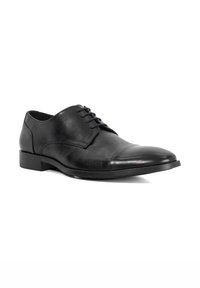 Black leather dress shoe with a smooth finish, rounded toe, lace-up closure, and a low block heel. Features subtle stitching details.