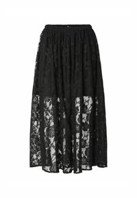 Jupe maxi en dentelle noire avec une taille élastique, ornée de motifs floraux et d'un design en couches, offrant une apparence légère et transparente.