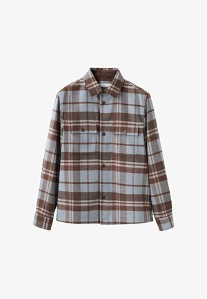 Checkered flannel shirt in light blue and brown. Features two chest pockets, a button-up front, and a classic collar. Soft texture.