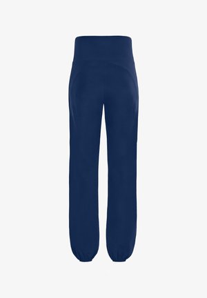 Pantalones de chándal azul marino con una cinturilla elástica ancha, puños ajustados y textura suave. El diseño presenta una forma simple y aerodinámica.