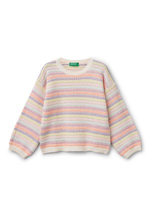 Maglione a righe colorato con tonalità pastello di rosa, verde, lavanda e crema, caratterizzato da un design a trama testurizzata e polsini a coste.
