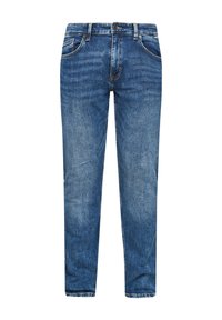 Denim jeans in medium wash blue with a straight-leg design, five pockets, and visible stitching details on the seams and waistband.