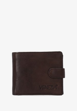 Braune Lederbörse mit glatter Oberfläche, Klappdesign und geprägtem "Venezia"-Logo auf der Vorderseite. Mit Druckknopfverschluss.