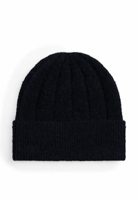 Dark navy knit beanie made from soft wool, featuring ribbed texture and a folded cuff. Simple, rounded top with no embellishments.