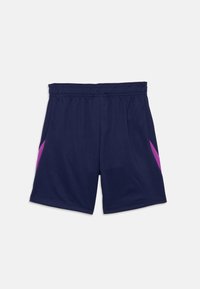 Marineblå treningsshorts med elastisk midjebånd og lilla sidedele, lagt flatt på en hvit bakgrunn.