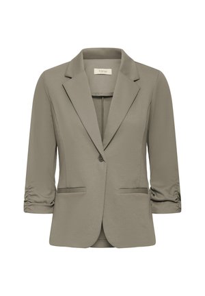 Olivinvihreä naisten bleiseri, jossa on rypytetyt puolipitkät hihat, yksirivinen nappikiinnitys, lovettu kaulus ja kaksi etutaskua.