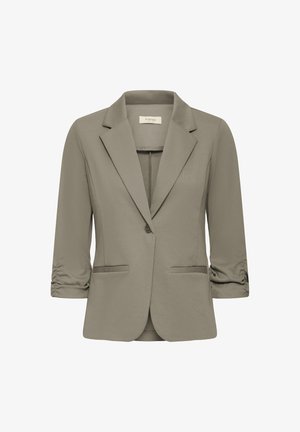 Blazer verde oliva da donna con maniche arricciate a tre quarti, chiusura con un bottone, rever a incavo e due tasche frontali a filetto.