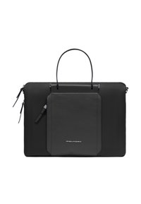 Bolsa para laptop de cuero negro con una forma rectangular elegante, que cuenta con un bolsillo frontal, cierres de cremallera y un asa superior para facilitar el transporte.