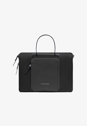 Bolsa para laptop de cuero negro con una forma rectangular elegante, que cuenta con un bolsillo frontal, cierres de cremallera y un asa superior para facilitar el transporte.