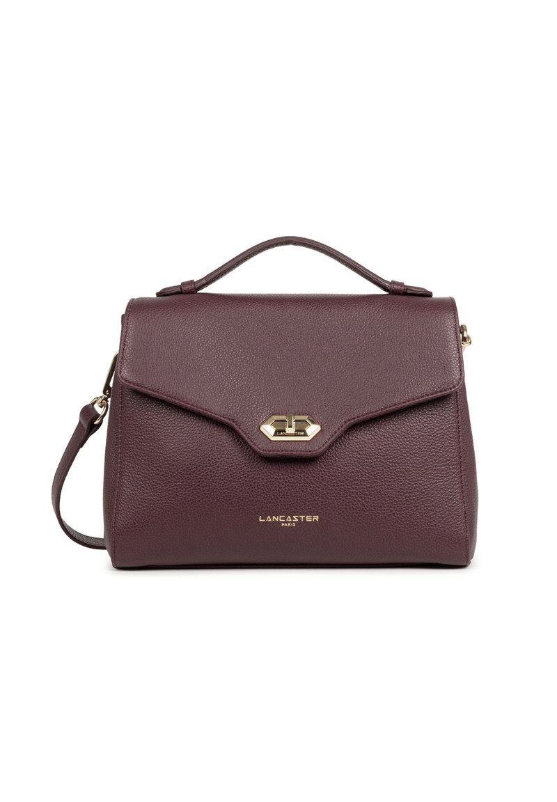 Borsa a mano in pelle viola scuro con manico superiore, chiusura a torsione dorata, tracolla rimovibile e logo "Lancaster Paris" in lettere dorate.