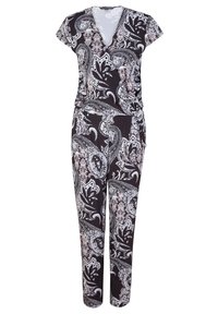 Mono negro con mangas cortas, escote en V y un patrón de paisley en blanco y gris claro. Presenta un lazo en la cintura y piernas ajustadas.