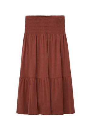 Mittel langer, rostfarbener Rock mit breitem, gerafftem Bund und gestuften, gerafften Stofflagen für eine fließende Silhouette.