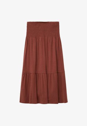 Rok van middellange lengte in roestkleur met een brede gerimpelde tailleband en geplooide, gelaagde stof voor een vloeiende silhouet.