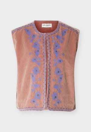 Gilet sans manches en velours rose poussière avec broderie florale violette et encolure ronde, doté d'une ouverture frontale et d'une bordure ornée.