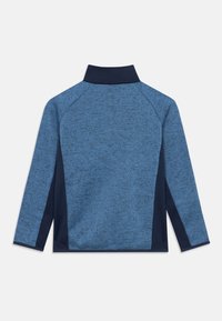 Μπλε ζακέτα με ύφασμα ελαφρώς ανάγλυφο, με σκούρο μπλε γιακά και πλαϊνά πάνελ. Διαθέτει αθλητικό σχέδιο με μακριά μανίκια και υφή με ανάγλυφη επιφάνεια.