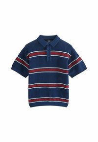 Marinblå kortärmad polo t-shirt i strukturerad trikå, med horisontella ränder i rött och vitt. Tvåknapps knäppning och detaljer vid kragen.