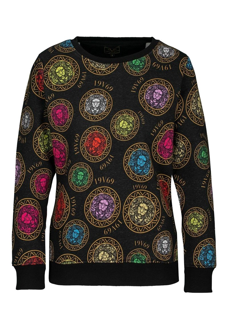 Sudadera negra con motivos de leones coloridos en círculos, acentuada con contornos dorados y los números 1969 en varias ubicaciones.