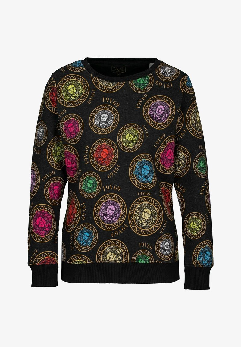 Sudadera negra con motivos de leones coloridos en círculos, acentuada con contornos dorados y los números 1969 en varias ubicaciones.