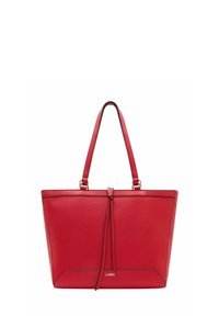 Rote Leder-Shopper-Tasche mit strukturierter Oberfläche, doppelten Griffen, schwarzen Akzenten und einer vorderen Schleifendetail, mit der goldenen Aufschrift "L.CREDI" gebrandmarkt.