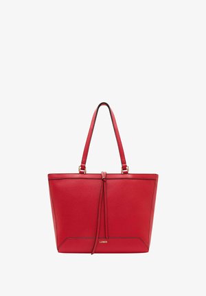 Rote Leder-Shopper-Tasche mit strukturierter Oberfläche, doppelten Griffen, schwarzen Akzenten und einer vorderen Schleifendetail, mit der goldenen Aufschrift "L.CREDI" gebrandmarkt.