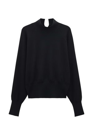 Maglione nero a maniche lunghe con colletto alto, dotato di una piccola fessura frontale e polsini e orlo a coste.