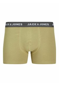 Olivgrüne Boxershorts aus weichem Stoff, mit einem dunkelgrauen elastischen Bund, auf dem "JACK & JONES" in Weiß gedruckt ist.