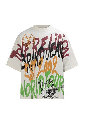 Wit oversized T-shirt met kleurrijke graffiti-tekst waaronder "brandjean," "est 2002," en "world tour," plus twee cartoon Boeddha-figuren, waarvan één gitaar speelt.