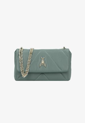 Quilted green leather handbag with a gold chain strap and a decorative fly emblem on the front. Zipper closure with a structured shape.