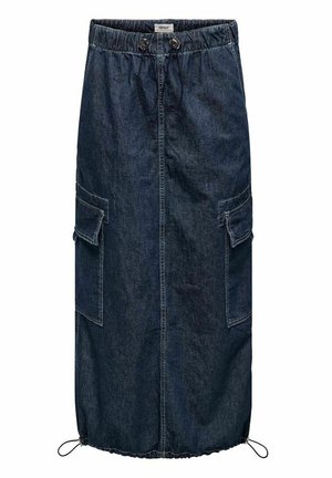 Jupe midi en denim bleu foncé avec taille élastique, fermeture à cordon, grandes poches latérales à rabats et cordons réglables à l'ourlet.