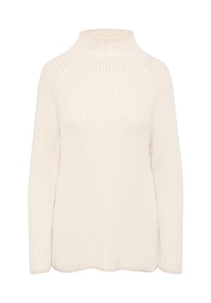 Cremfarbener, gerippter Pullover mit hohem, gerolltem Kragen, langen Ärmeln und lockerer Passform. Der Stoff wirkt weich und strukturiert.