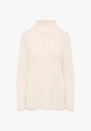 Cremfarbener, gerippter Pullover mit hohem, gerolltem Kragen, langen Ärmeln und lockerer Passform. Der Stoff wirkt weich und strukturiert.