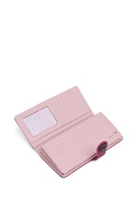 Pink faux leather wallet with multiple card slots, a transparent ID window, and a button closure. Inner lining features a zigzag pattern.
