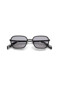 Sorte rektangulære solbriller med grå linser, bioplastikrammer og elegante arme. Kendt for deres minimalistiske design og klare detaljer.