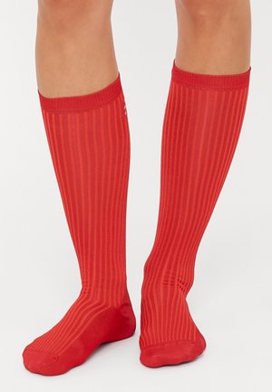 Calze rosse fino al ginocchio con strisce verticali, realizzate in un tessuto liscio. La parte superiore presenta un bordo a coste. Le calze hanno una texture solida e uniforme.