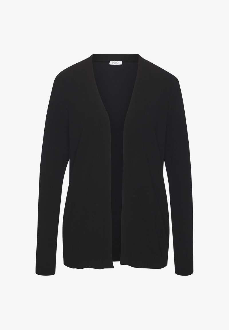 Schwarzer Cardigan aus weichem Strickstoff, mit lässiger Passform, offenem Vorderteil und langen Ärmeln mit Rippenbündchen und Saum.