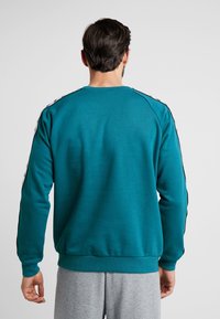 Muž otočený zády, oblečený v tyrkysové mikině se vzorovanými bílými pruhy na rukávech a světle šedých teplácích, na jednobarevném pozadí.