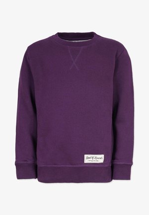 Lilla bomulds sweatshirt med rund hals, ribbede manchetter og kant, der har et label i bunden. Glat tekstur og robust design.