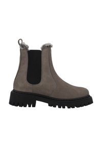 Graue Chelsea-Stiefel aus Wildleder mit schwarzen elastischen Seiteneinsätzen, einer robusten schwarzen Gummisohle und einem mit Fell gefütterten Kragen für zusätzlichen Komfort.