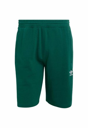 Pantaloncini Adidas verde scuro con vita elastica, tasche laterali e piccolo logo Adidas bianco sulla coscia sinistra.