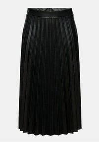 Jupe plissée noire mi-longue avec une taille ajustée et une fermeture éclair arrière dissimulée.
