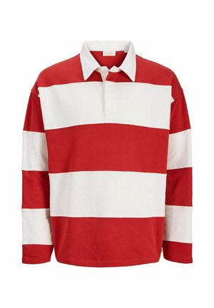 Langärmeliges Rugbyhemd mit breiten horizontalen roten und weißen Streifen und weißem Kragen, Vorderseite teilweise geöffnet.